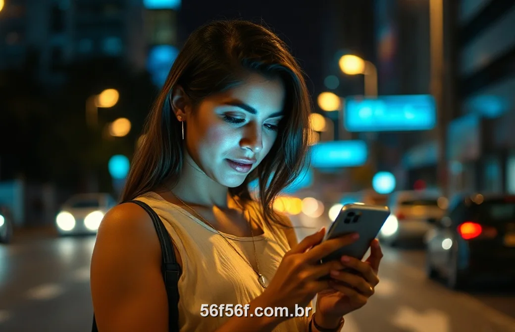 Jogadora acessando o cassino do 56F pelo celular à noite na cidade