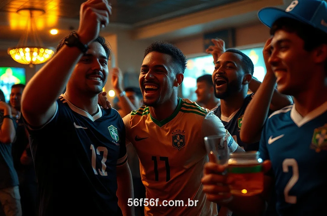 Torcedores brasileiros comemorando um gol juntos em um bar