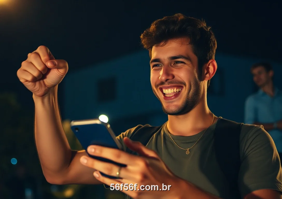 Jogador brasileiro comemorando um ganho no 56F pelo celular